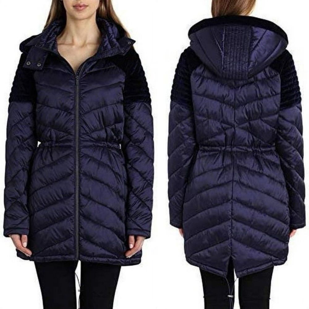 Badgley Mischka Mallory Puffer Coat Packable Blue‎ Velvet Quilted Nylon Sz XL
